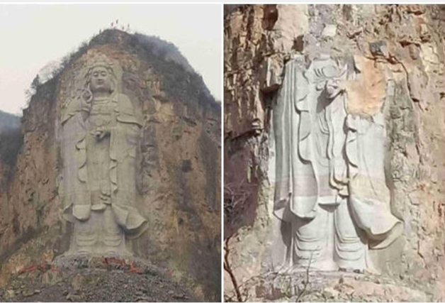 Tháng 2/2019, Trung Quốc cho nổ một tượng Phật Quan Âm cao gần 60m trên vách núi hậu điện chùa Hoàng An, Hà Bắc, Trung Quốc, không muốn dân chúng phục dựng lại, Trung Quốc còn cho nổ thêm một lần nữa nhằm hủy hoàn toàn bức tượng (Ảnh: NTDTV)