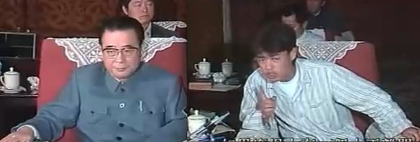 Lý Bằng (bên trái) đối thoại với thanh niên đại diện cho phong trào dân chủ Thiên An Môn 1989. Ảnh tải từ China Digital Times.
