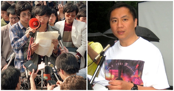 Bên trái: Thủ lĩnh sinh viên Vương Đan phát biểu trước các phóng viên quốc tế tại Quảng trường Thiên An Môn năm 1989. Bên phải: Vương Đan phát biểu tại sự kiện kỷ niệm 20 năm vụ Thảm sát Thiên An Môn (ảnh: Wikimedia Commons).