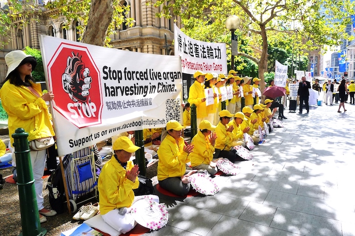 Các học viên Pháp Luân Công tại Sydney, Úc tổ chức cuộc thỉnh nguyện tại Hội trường Thành phố hôm 16/4/2015 nhằm kêu gọi chấm dứt hoạt động giết người lấy nội tạng ở Trung Quốc (ảnh: Minh Huệ).