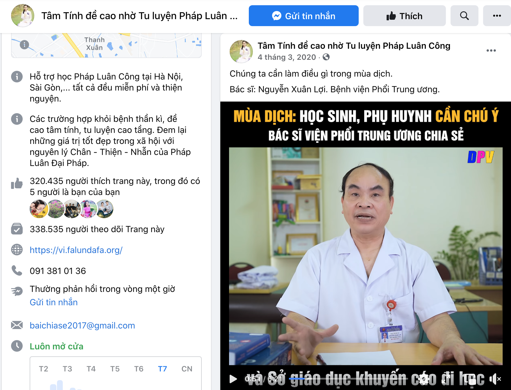 Ảnh chụp màn hình Fanpage của Trang Đề Cao Tâm Tính - Trang có hơn 338 nghìn người theo dõi. Pháp Luân Công Facebook
