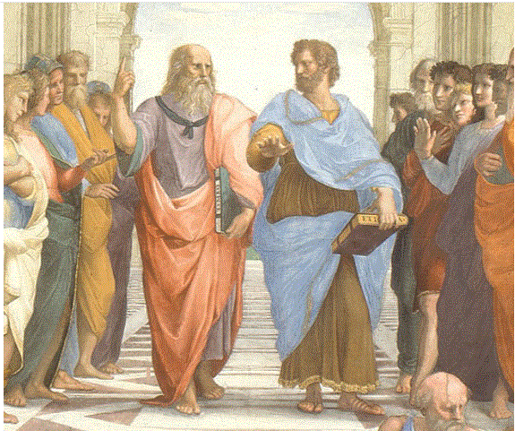 Trung tâm bức bích họa nổi tiếng “The School of Athens” của danh hoạ Raffaello Sanzio da Urbino. Bức tranh mô tả một cuộc tranh luận xuyên suốt nhiều năm trong triết học cổ điển phương Tây giữa Thế giới Duy Tâm và Thế giới Duy Vật, đại diện cho 2 trường phái này là Plato và Aristotle (ảnh: Idesign)