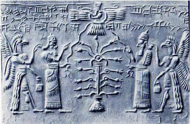 Phiến đá “Inanna và cây Huluppu” của người Sumer cổ đại khắc họa hình tượng các vị thần Anunnaki bên cây hiến tế Huluppu (ảnh: Tindaumoi)