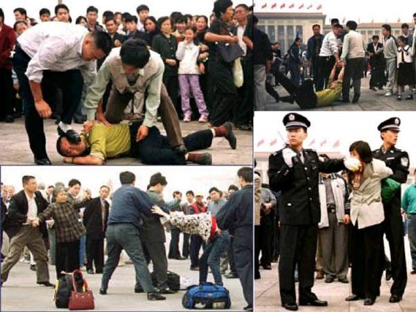 Tháng 7/1999 các học viên Pháp Luân Công bị bắt bớ đàn áp (ảnh chụp báo Minh Huệ).