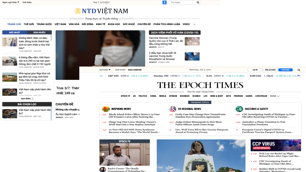 Giao diện trang điện tử theepochtime.com và ntdvietnam.com
(Mặt trái của Pháp Luân Công theo như mô tả và kết luận của một số bài báo)
