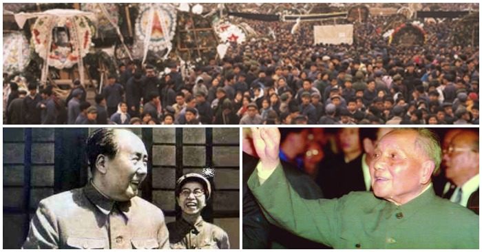 Sự kiện Thiên An Môn 1976 là biến cố mở đường cho cuộc chuyển đổi quyền lực từ Mao Trạch Đông (bên trái) sang Đặng Tiểu Bình (bên phải)