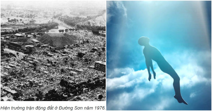 Hiện trường động đất Đường Sơn năm 1976 (ảnh trái) và hình ảnh minh họa trải nghiệm linh hồn rời thể xác của những người sống sót sau trận động đất này (ảnh phải).